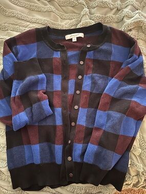 Women’s Blue and Burgundy Check Cardigan Sweater